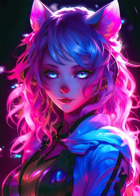 Cat Girls Pink Neon Anime