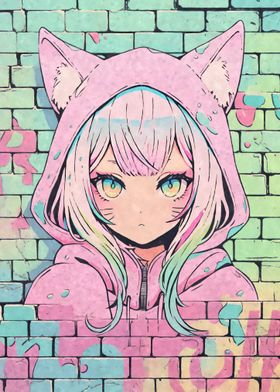 Pôster pendurado Cute Girl Neko Tail Cat Anime Kawaii Arte de
