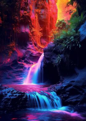 Colorful Sunset Waterfall