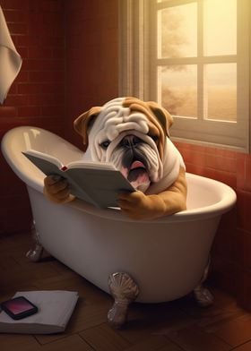 Bulldog Reads Book in Bath
