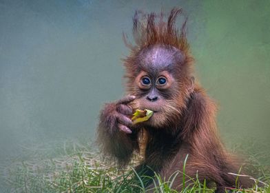 a baby orangutan eating