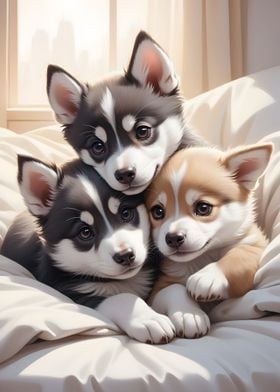 Husky Puppies Poster