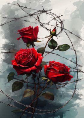 Red roses in barbed wire