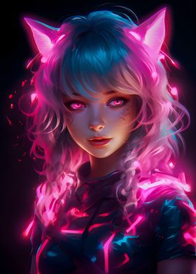 Anime cat girls neon pink