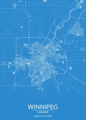 Winnipeg Manitoba Blue Map