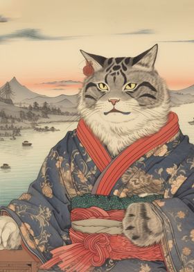 Cute Cat Ukiyoe Painting