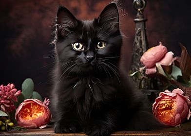 Cute Black Cat and Flowers