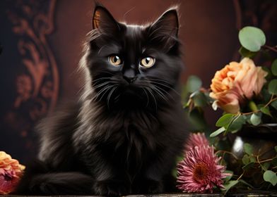 Cute Black Cat and Flowers
