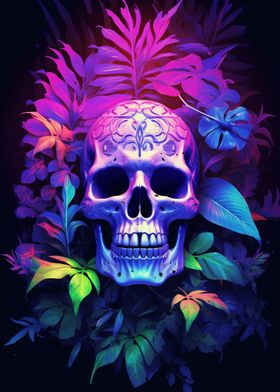 Neon Floral Skull