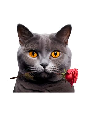 Chartreux Cat Red Rose