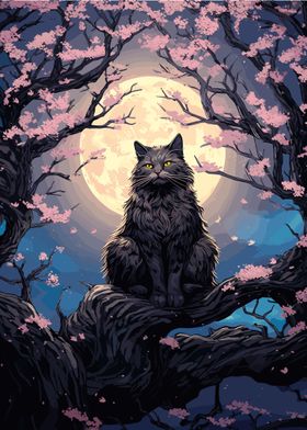 Cat Cherry Blossom Moon