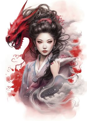 Geisha with a red Dragon