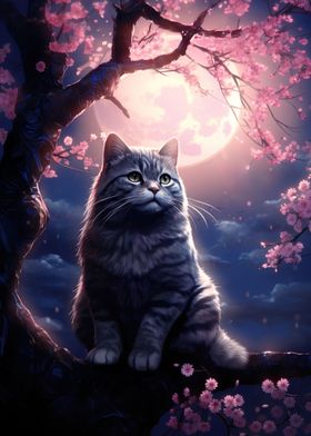 Cat Moon Cherry Blossom