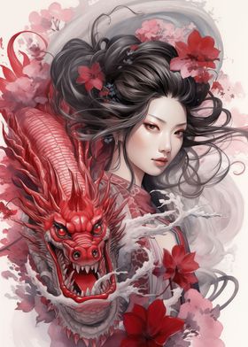 Geisha and red Dragon