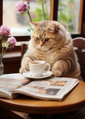 Cat Read Newspaper in Cafe