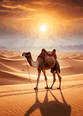 Camel and desert at sunset