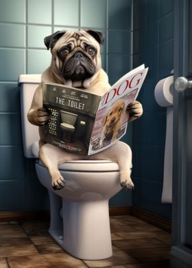 Pug Dog on the Toilet