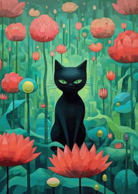Black Cat Among Flowers