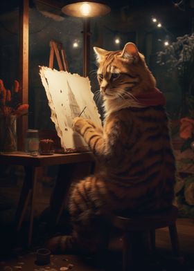 Artist Cat Painting Canvas