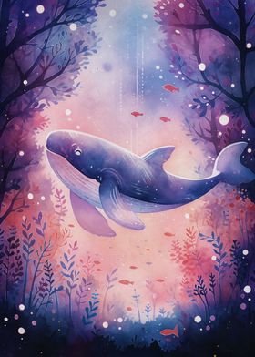 Flying whale in a forest
