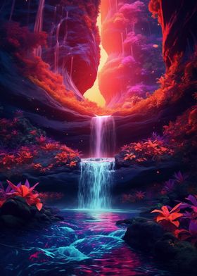 Neon Sunset Waterfall