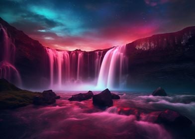 Colorful Sky and Waterfall