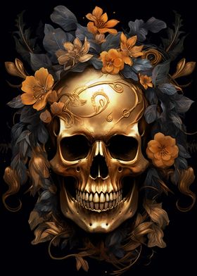 Golden Skull with Flowers