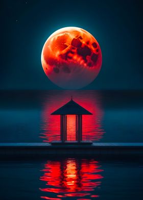 Big red moon over the sea