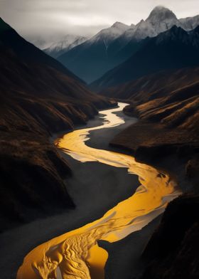 Golden river in mountains