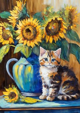 Cat and Sunflowers