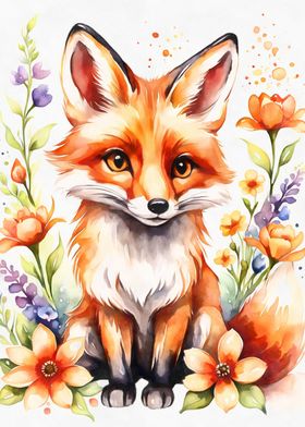 Cute fox with flowers