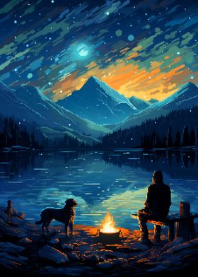 Camping with Dog Pixel Art