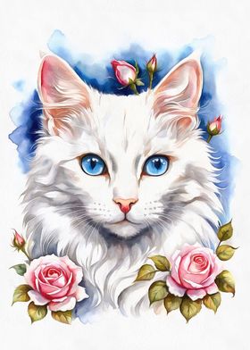 White cat with pink roses