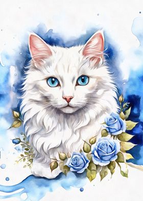 White cat with blue roses
