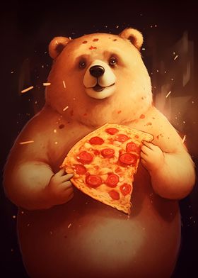 Fat bear eats pizza