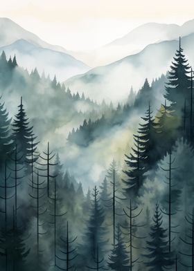 Misty Pine Tree Forest