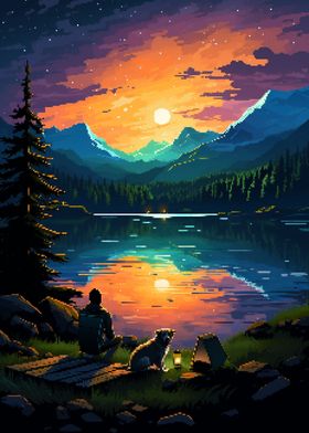 Camp Dog Sunset Pixel Art