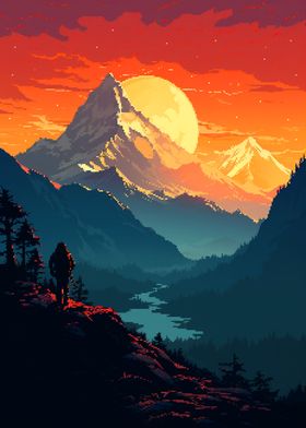 Pixel Art Sunset Mountain