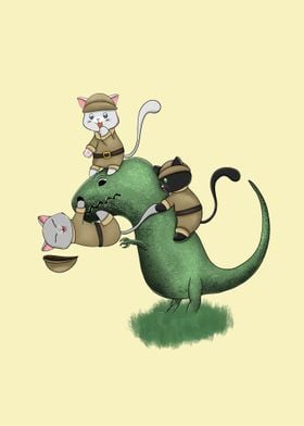 cats riding dinosaur