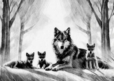 She Wolf With Her 3 Cubs