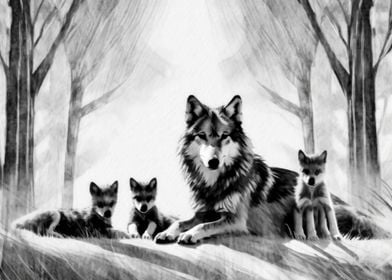 She Wolf With Her 3 Cubs