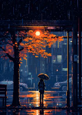 Rain Bus Stop Pixel Art