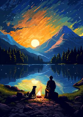 Camp with Dog Pixel Art