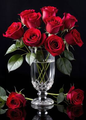 Red Roses in Crystal Vase