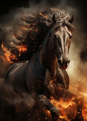 friesian horse on fire