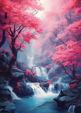 Sakura Trees and Waterfall