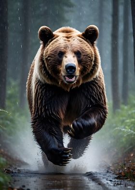 Running bear in the rain