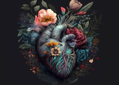 Human heart with flowers