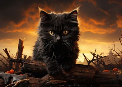 Cute Black Cat and Sunset