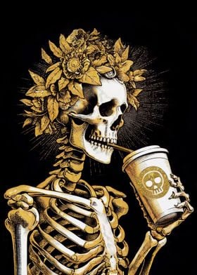 Skeleton drinks coffee